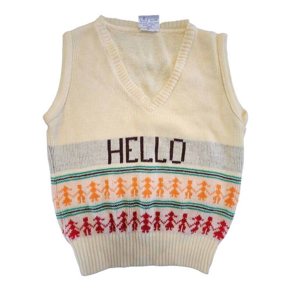 Hello Graphic Knit Sweater Vest - Cream with Multicolor Accents